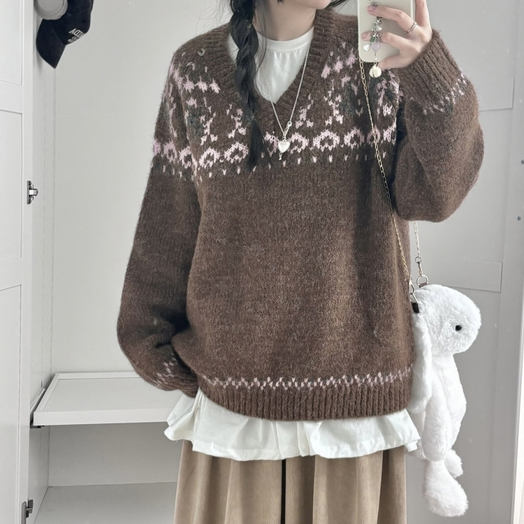 Vネックハートノルディックニット