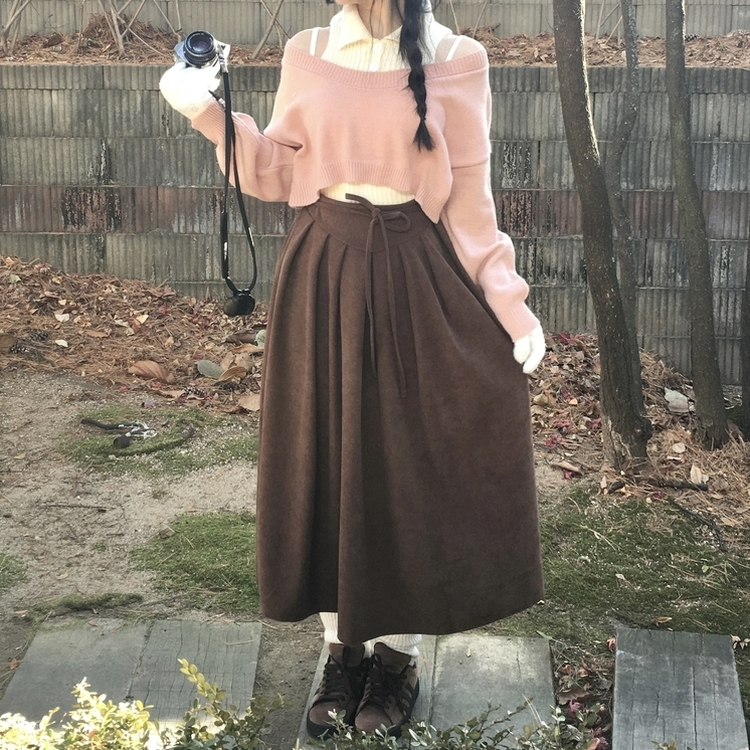 【ベルト付き】コーデュロイリボンプリーツロングスカート
