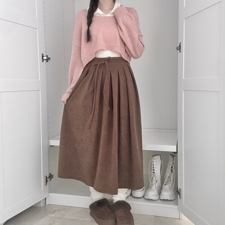 【ベルト付き】コーデュロイリボンプリーツロングスカート