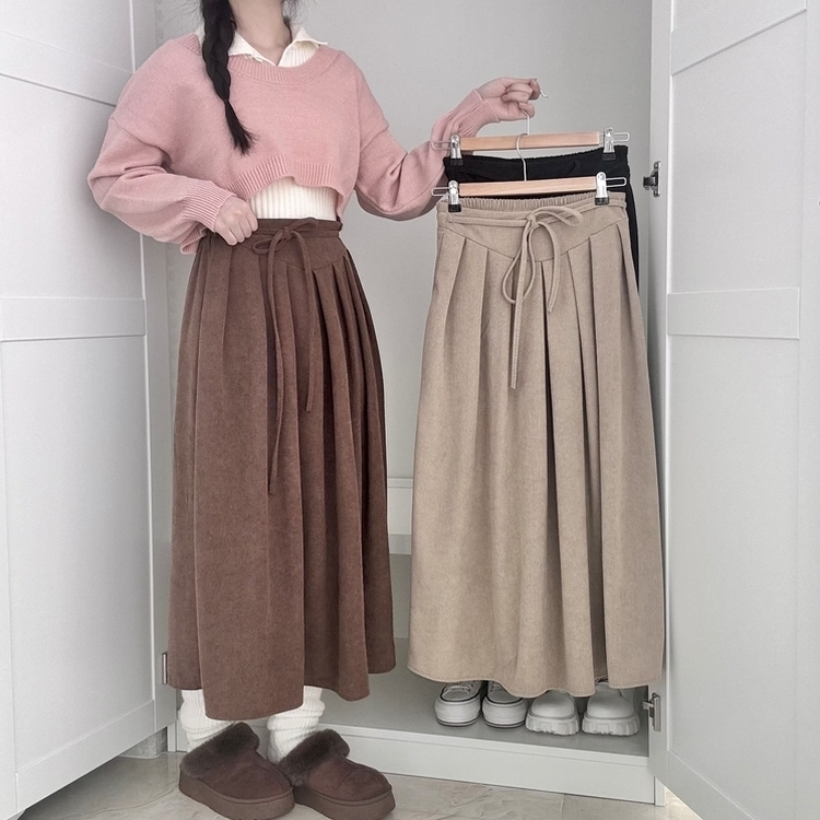 【ベルト付き】コーデュロイリボンプリーツロングスカート