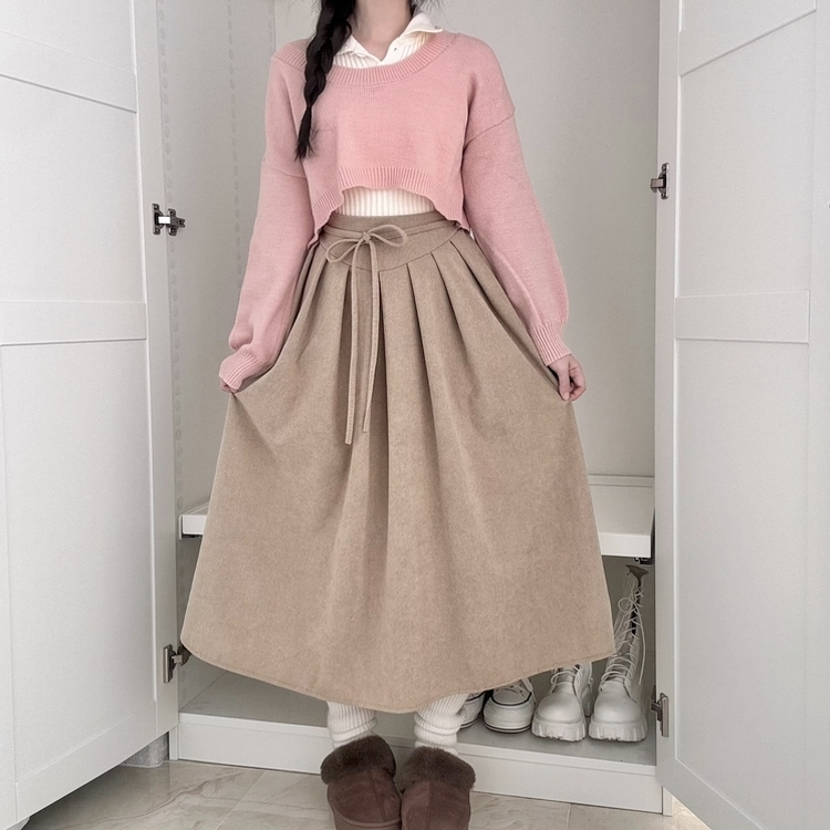 【ベルト付き】コーデュロイリボンプリーツロングスカート