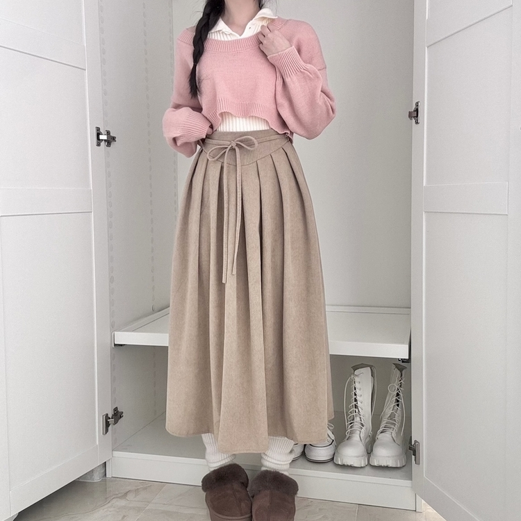 【ベルト付き】コーデュロイリボンプリーツロングスカート