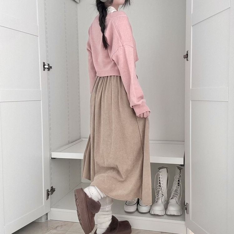 【ベルト付き】コーデュロイリボンプリーツロングスカート
