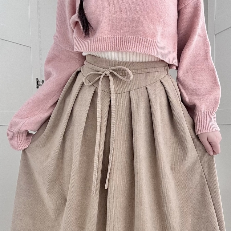 【ベルト付き】コーデュロイリボンプリーツロングスカート