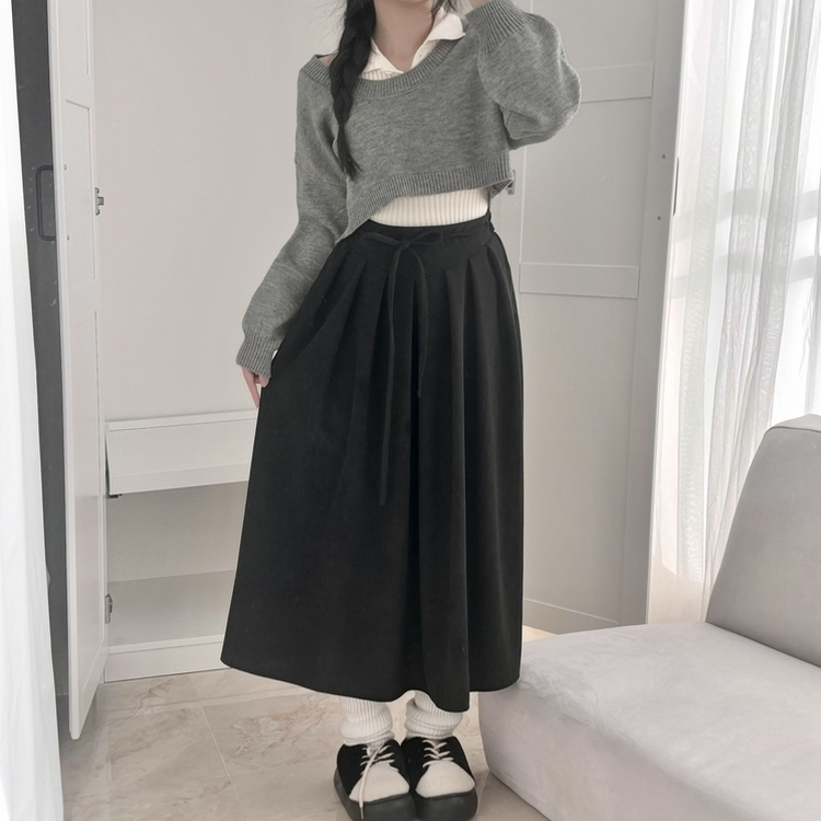 【ベルト付き】コーデュロイリボンプリーツロングスカート