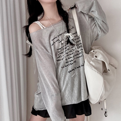 ボートネックレタリングシースルー長袖Tシャツ GREY