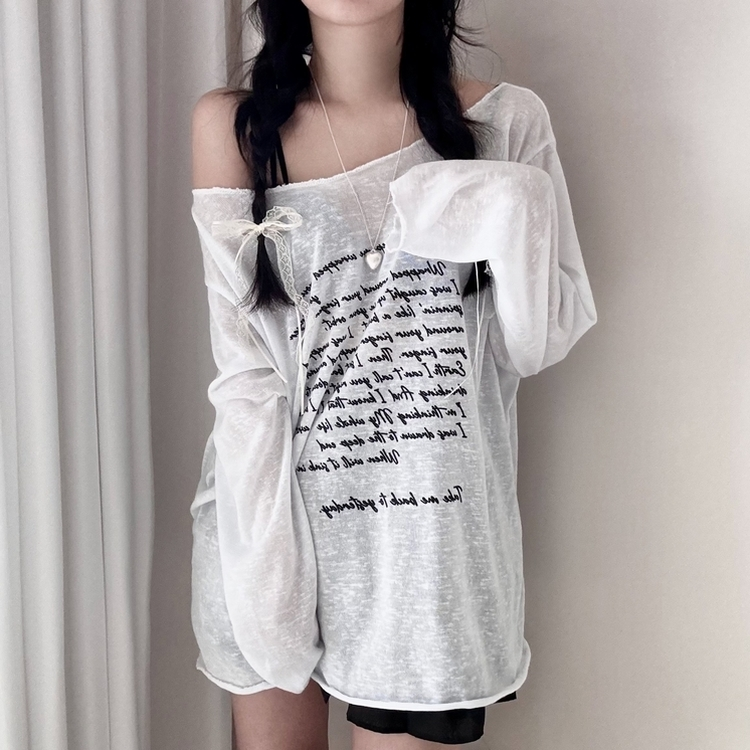 ボートネックレタリングシースルー長袖Tシャツ WHITE