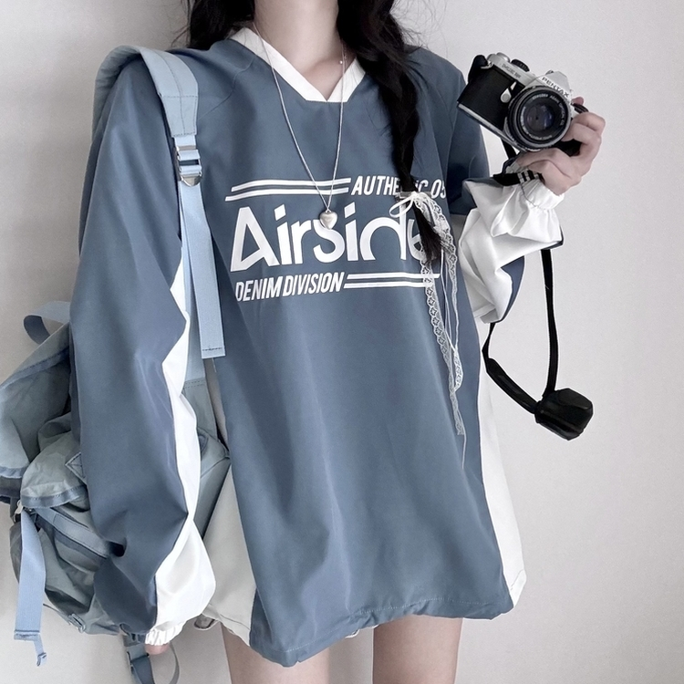 사계절 에어 바스락 배색 브이넥 오버핏 긴팔 맨투맨 소라