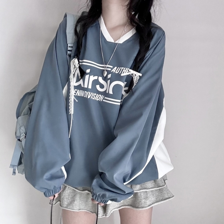 사계절 에어 바스락 배색 브이넥 오버핏 긴팔 맨투맨 소라