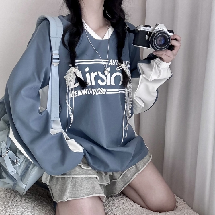 사계절 에어 바스락 배색 브이넥 오버핏 긴팔 맨투맨 소라