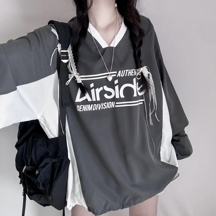 사계절 에어 바스락 배색 브이넥 오버핏 긴팔 맨투맨 그레이