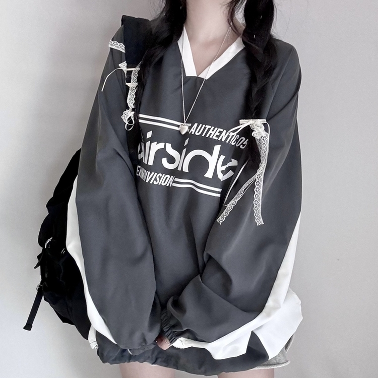 사계절 에어 바스락 배색 브이넥 오버핏 긴팔 맨투맨 그레이