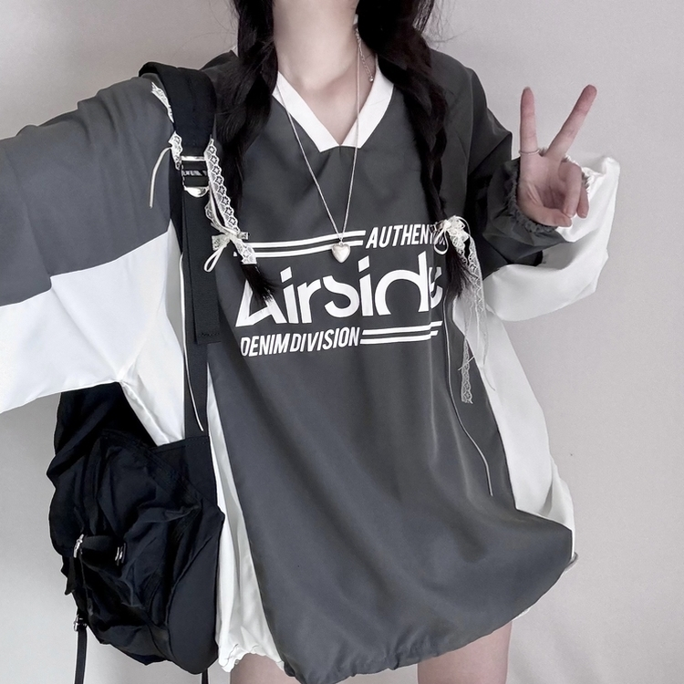 사계절 에어 바스락 배색 브이넥 오버핏 긴팔 맨투맨 그레이