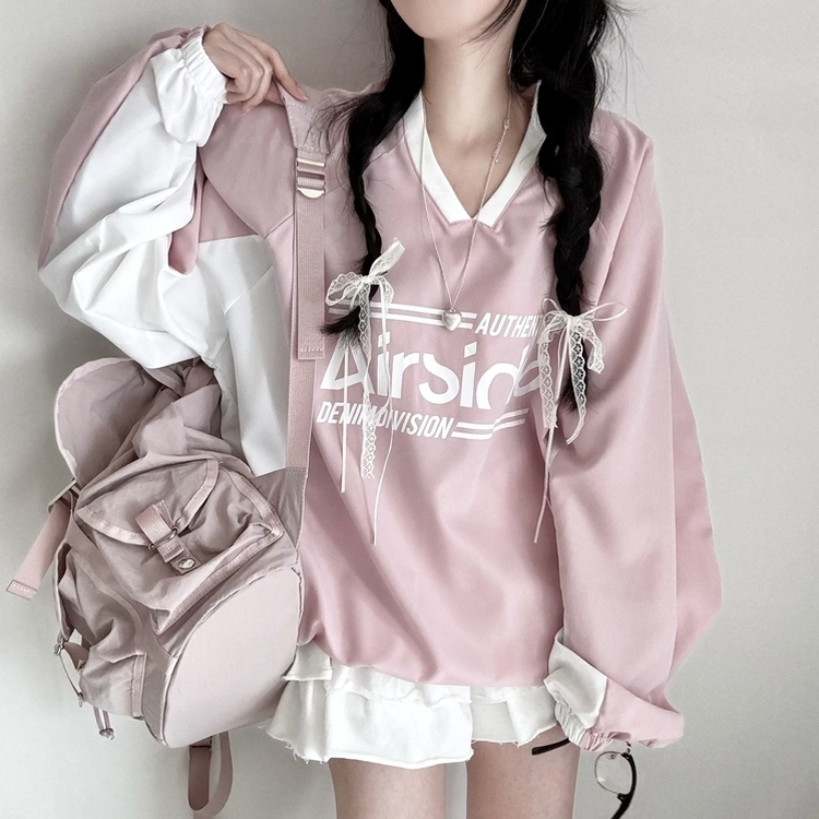 사계절 에어 바스락 배색 브이넥 오버핏 긴팔 맨투맨 핑크