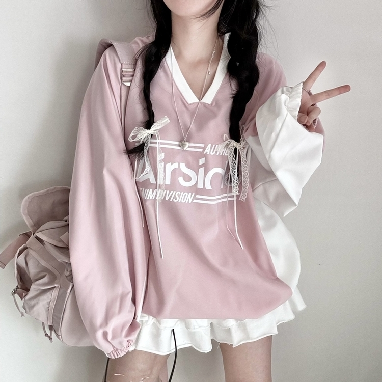 사계절 에어 바스락 배색 브이넥 오버핏 긴팔 맨투맨 핑크