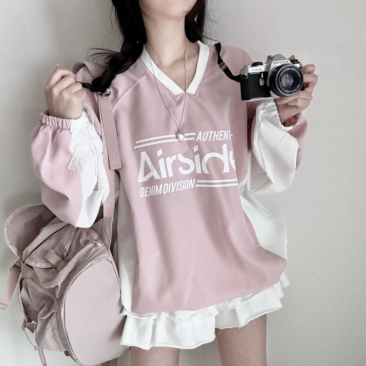 사계절 에어 바스락 배색 브이넥 오버핏 긴팔 맨투맨 핑크