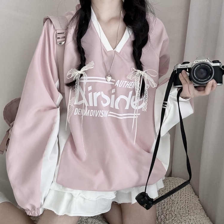 사계절 에어 바스락 배색 브이넥 오버핏 긴팔 맨투맨 핑크