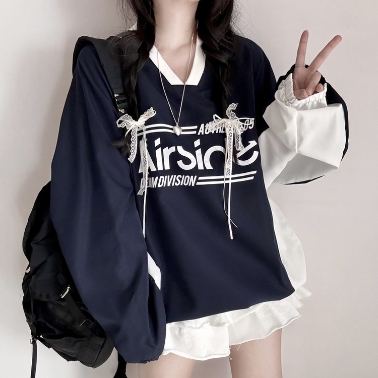 사계절 에어 바스락 배색 브이넥 오버핏 긴팔 맨투맨 네이비