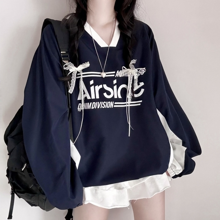 사계절 에어 바스락 배색 브이넥 오버핏 긴팔 맨투맨 네이비