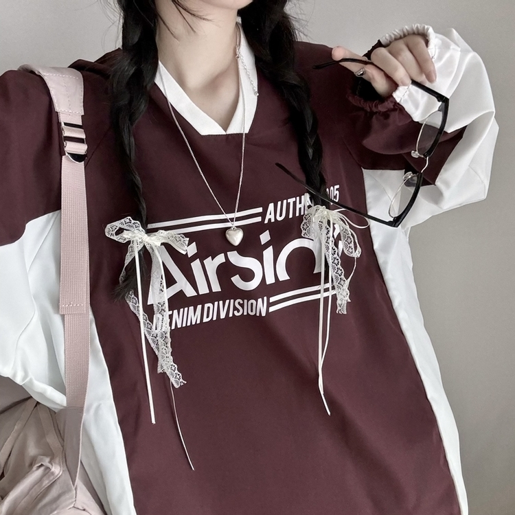 사계절 에어 바스락 배색 브이넥 오버핏 긴팔 맨투맨 와인