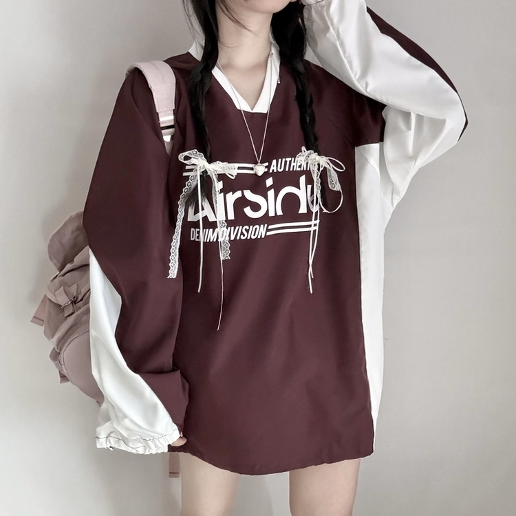 사계절 에어 바스락 배색 브이넥 오버핏 긴팔 맨투맨 와인