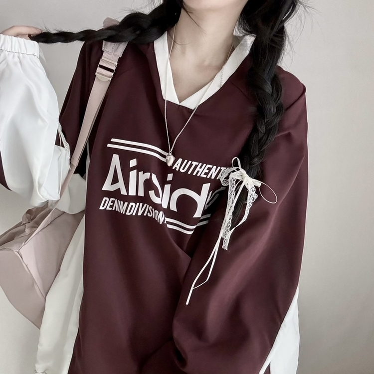 사계절 에어 바스락 배색 브이넥 오버핏 긴팔 맨투맨 와인