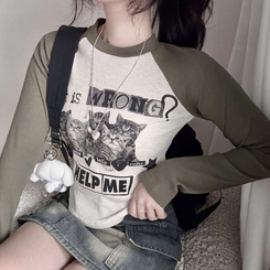 プリンティングバイカラークロップ長袖Ｔシャツ KHAKI