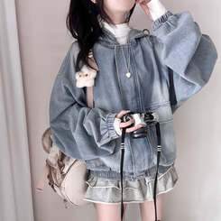 ビンテージデニムフードジップアップジャケット BLUE