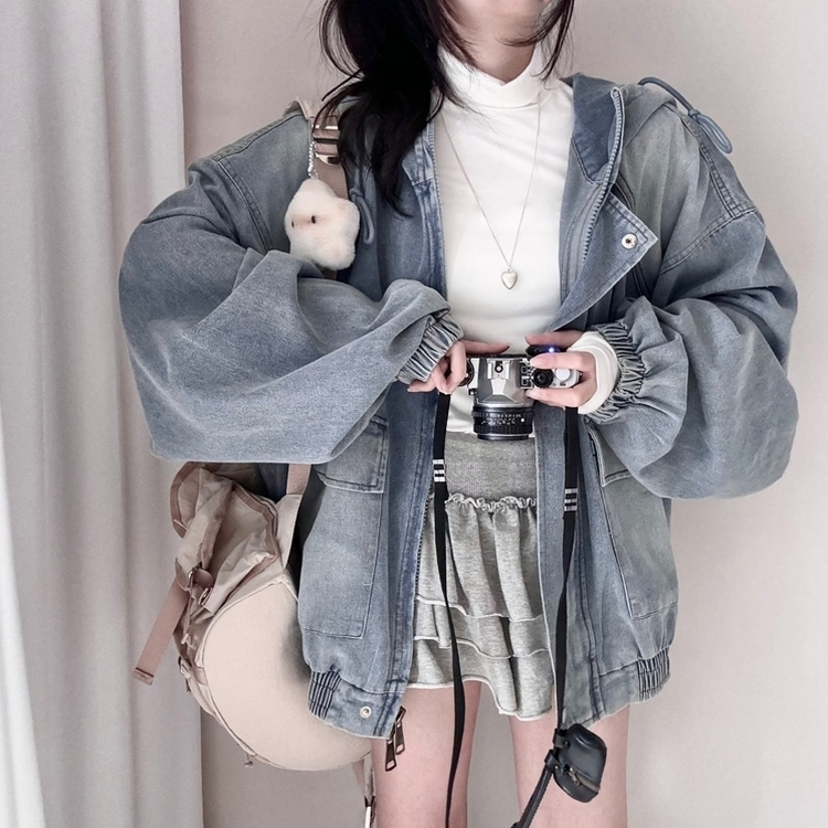 ビンテージデニムフードジップアップジャケット BLUE