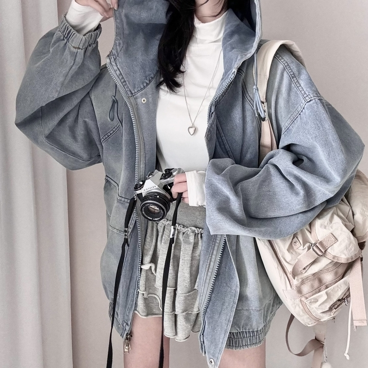 ビンテージデニムフードジップアップジャケット BLUE