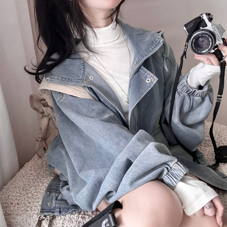 ビンテージデニムフードジップアップジャケット BLUE