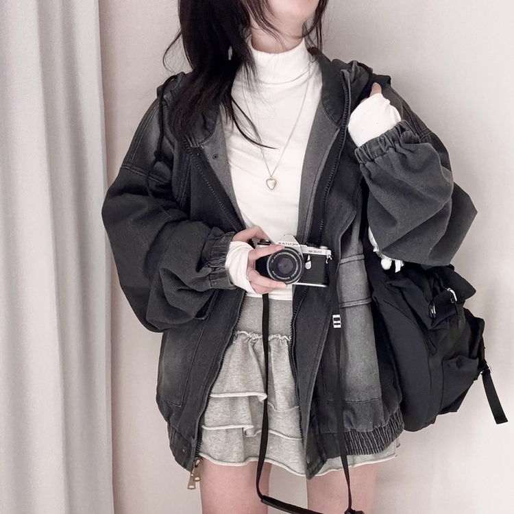 ビンテージデニムフードジップアップジャケット CHARCOAL