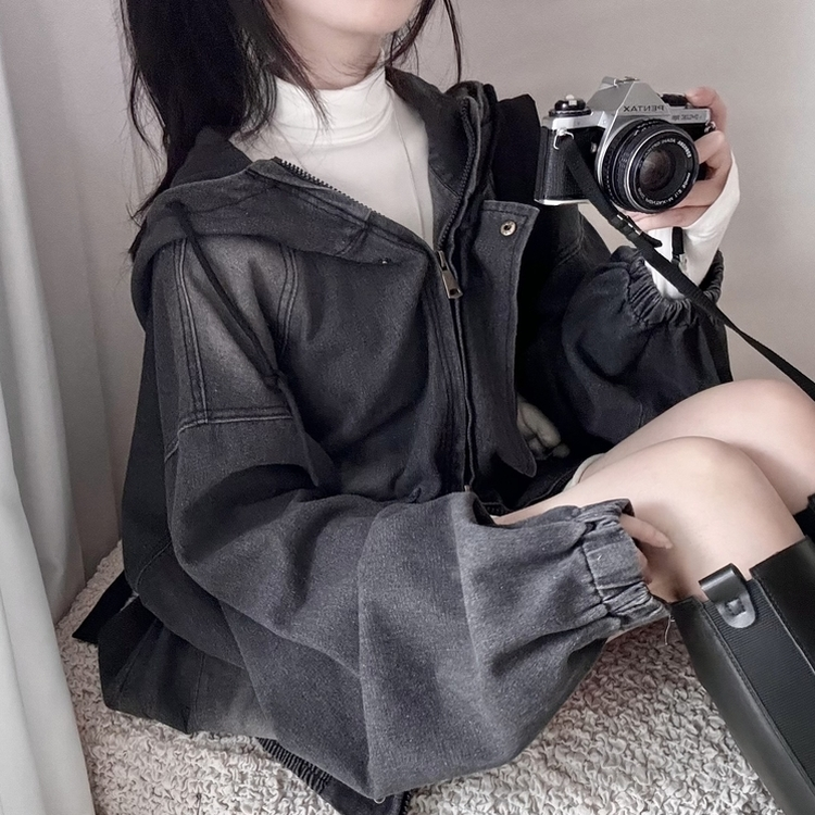 ビンテージデニムフードジップアップジャケット CHARCOAL