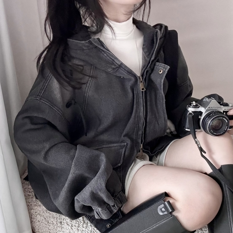 ビンテージデニムフードジップアップジャケット CHARCOAL