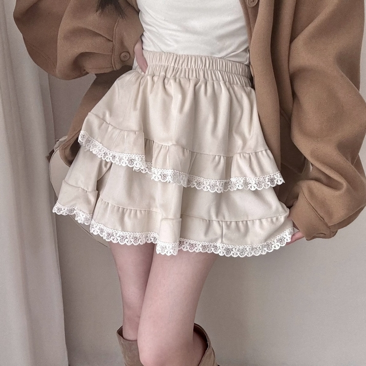 レースティアードベルベットバンディングスカート BEIGE