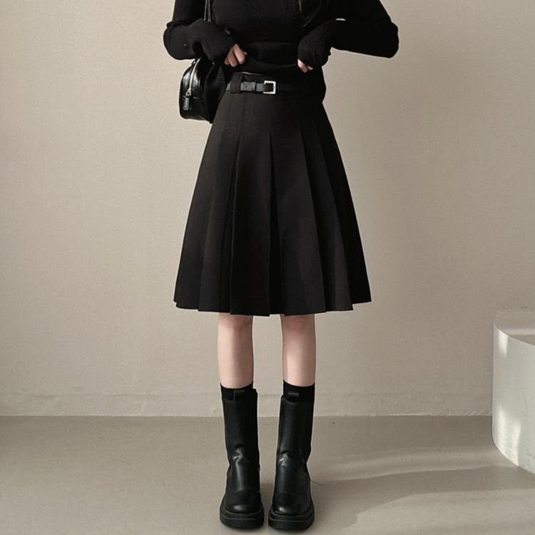 【ベルト付き】テニスプリーツミディスカート BLACK