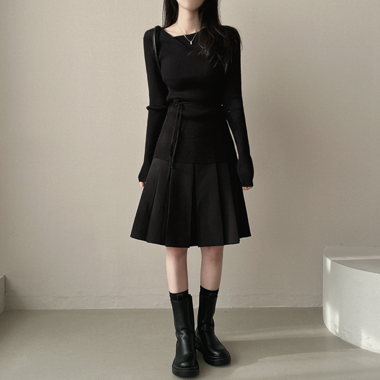 【ベルト付き】テニスプリーツミディスカート BLACK