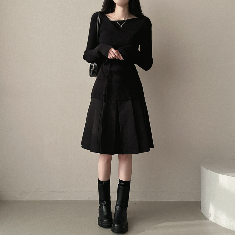 【ベルト付き】テニスプリーツミディスカート BLACK
