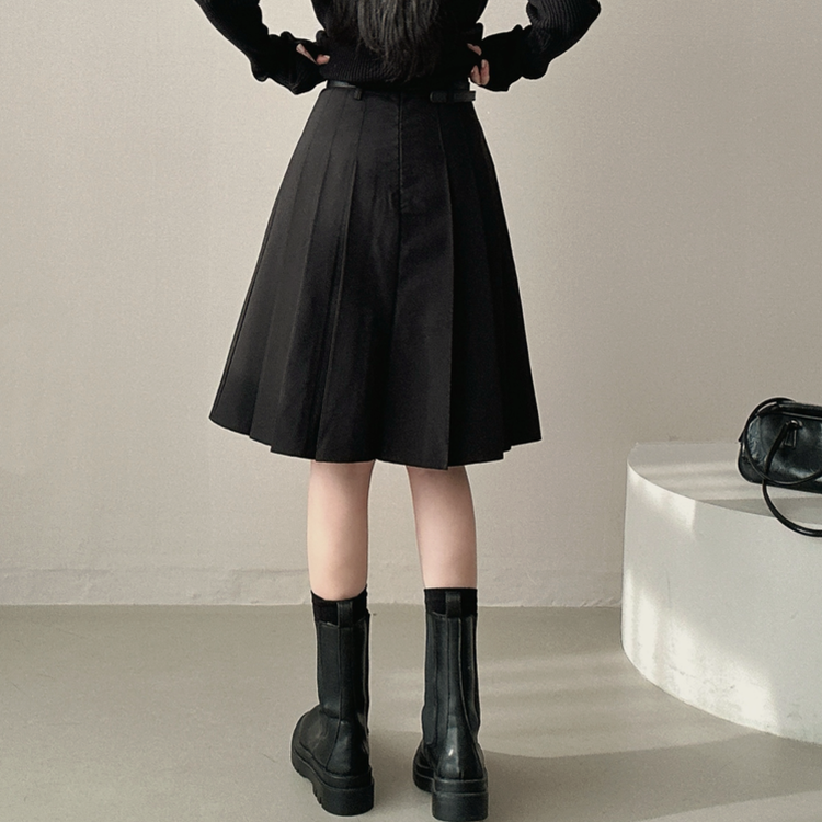 【ベルト付き】テニスプリーツミディスカート BLACK