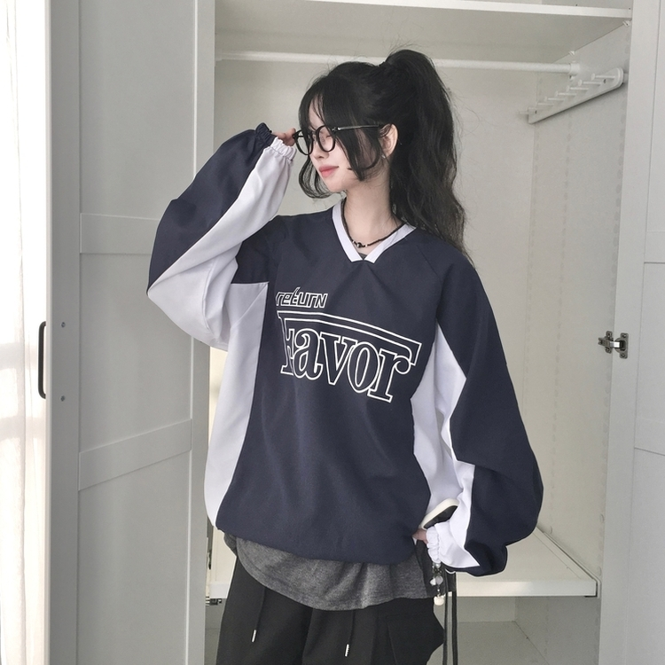 Vネックレタリングストリングトレーナー NAVY