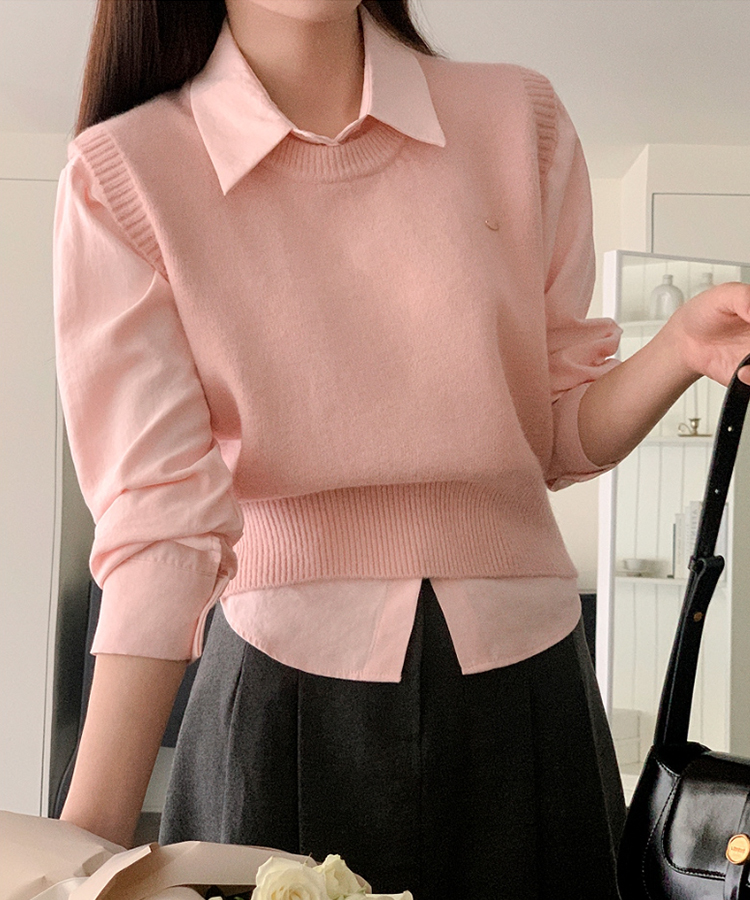 (シャツ+ニットベストSET♥) メルボルン ペンダント シャツ 無地 ニットベスト セット PINK