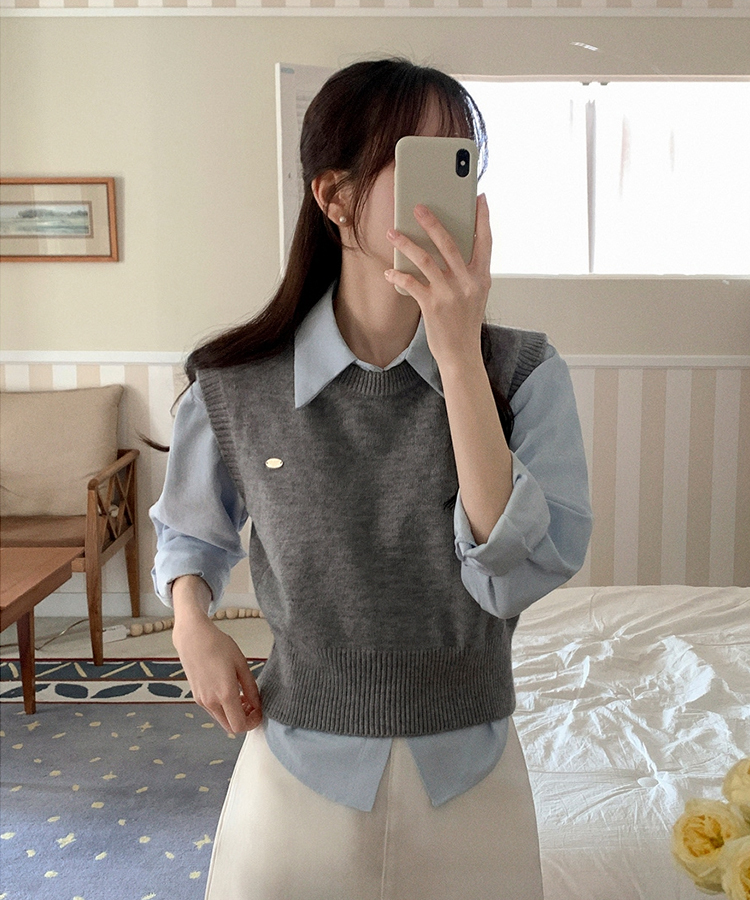 (シャツ+ニットベストSET♥) メルボルン ペンダント シャツ 無地 ニットベスト セット GRAY