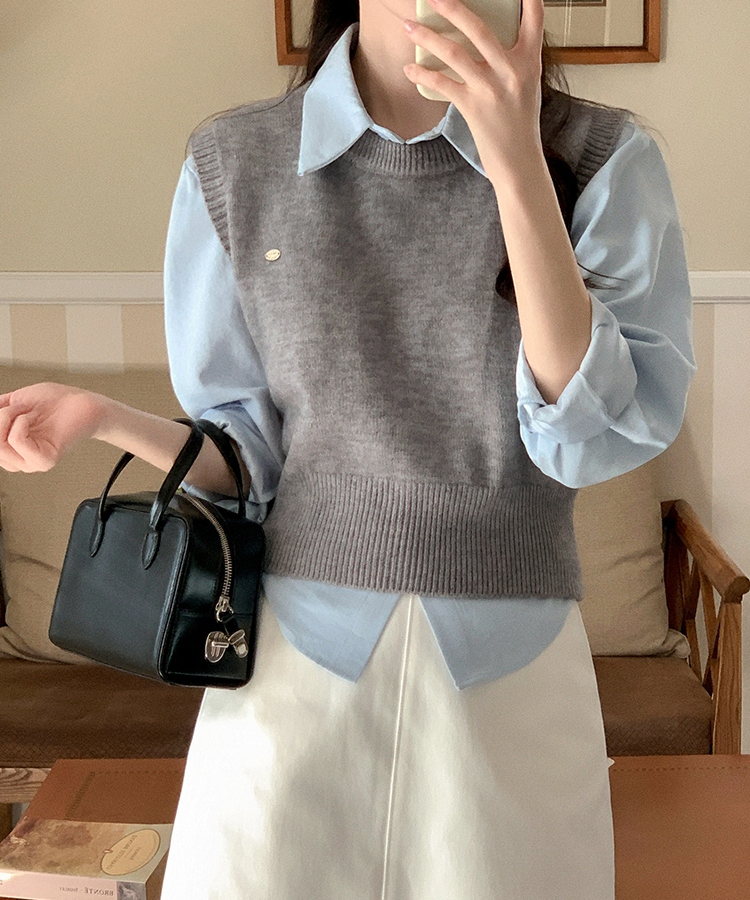 (シャツ+ニットベストSET♥) メルボルン ペンダント シャツ 無地 ニットベスト セット GRAY