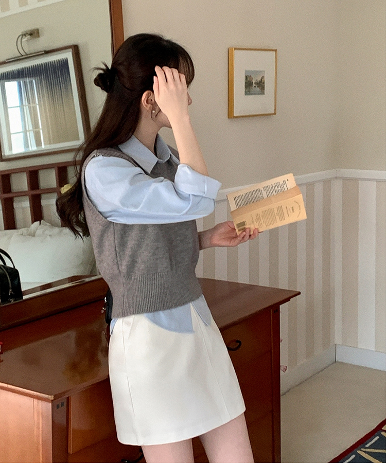 (シャツ+ニットベストSET♥) メルボルン ペンダント シャツ 無地 ニットベスト セット GRAY