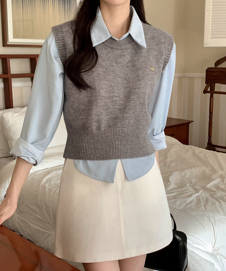 (シャツ+ニットベストSET♥) メルボルン ペンダント シャツ 無地 ニットベスト セット GRAY
