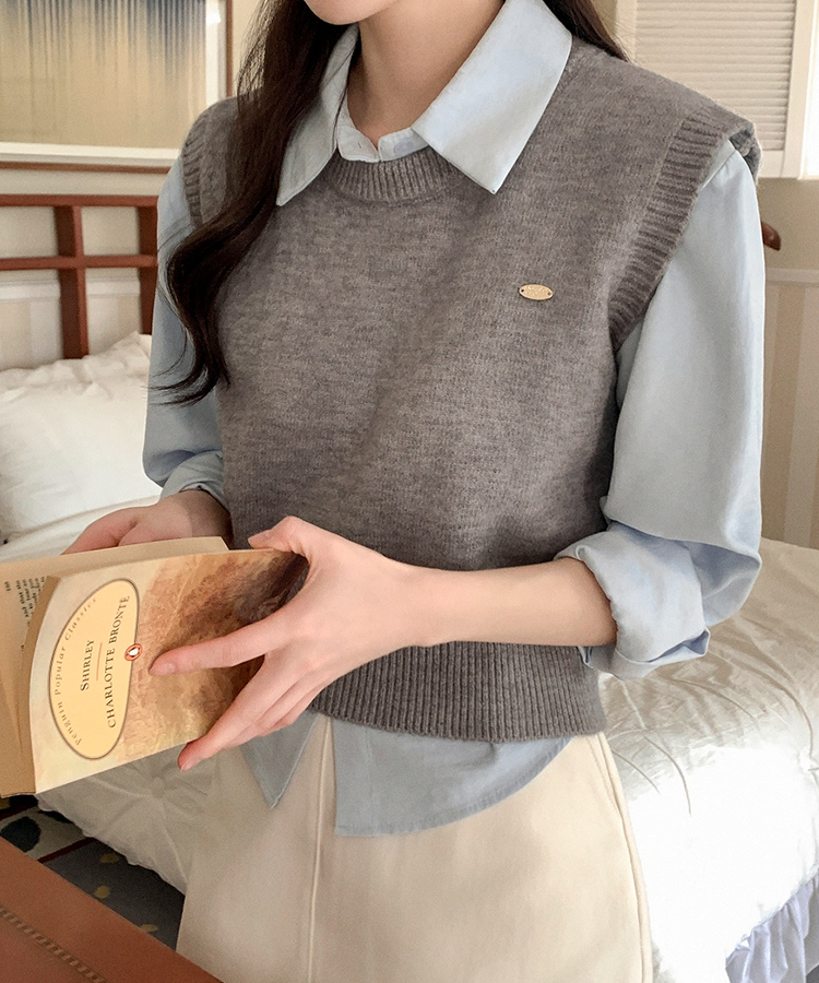 (シャツ+ニットベストSET♥) メルボルン ペンダント シャツ 無地 ニットベスト セット GRAY