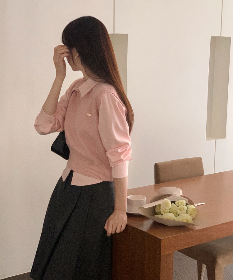 (シャツ+ニットベストSET♥) メルボルン ペンダント シャツ 無地 ニットベスト セット PINK