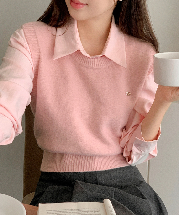 (シャツ+ニットベストSET♥) メルボルン ペンダント シャツ 無地 ニットベスト セット PINK