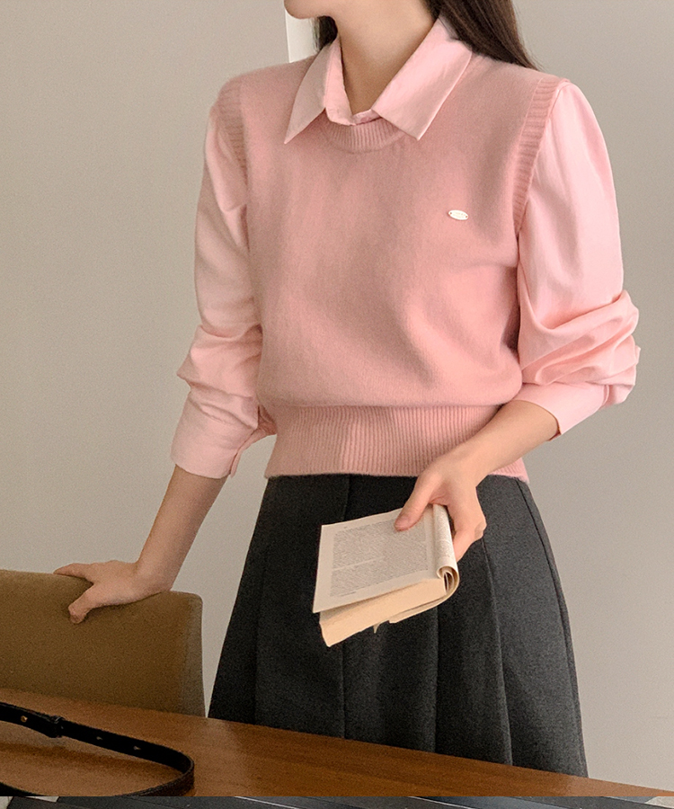 (シャツ+ニットベストSET♥) メルボルン ペンダント シャツ 無地 ニットベスト セット PINK