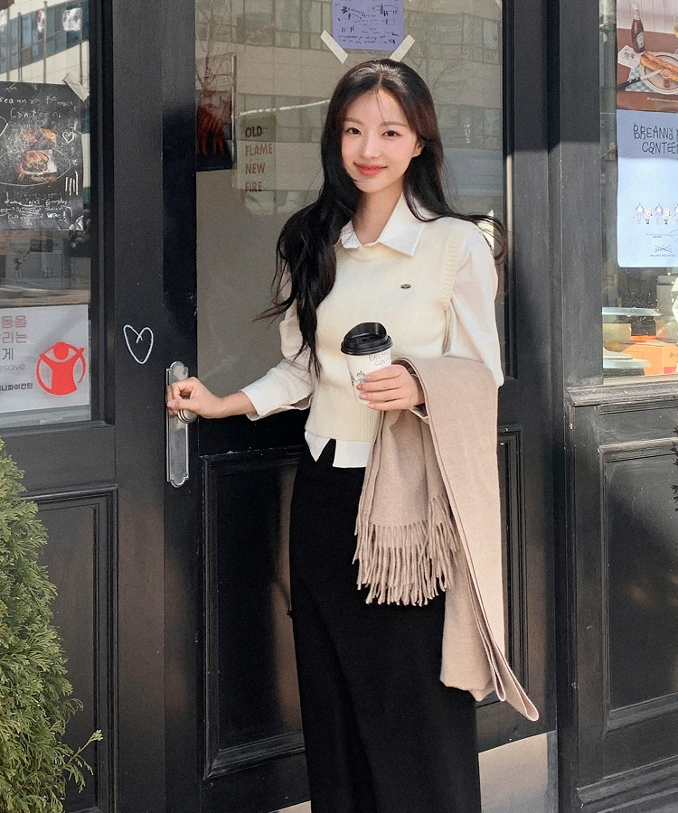 (シャツ+ニットベストSET♥) メルボルン ペンダント シャツ 無地 ニットベスト セット CREAM